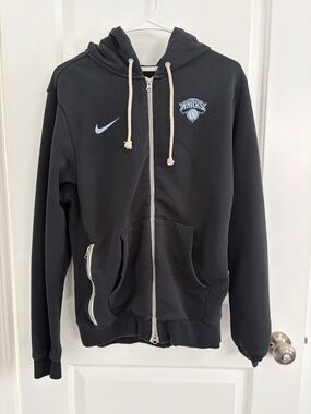 Nike Black Zip Hoodie with Light Blue Logos and Cream Drawcords